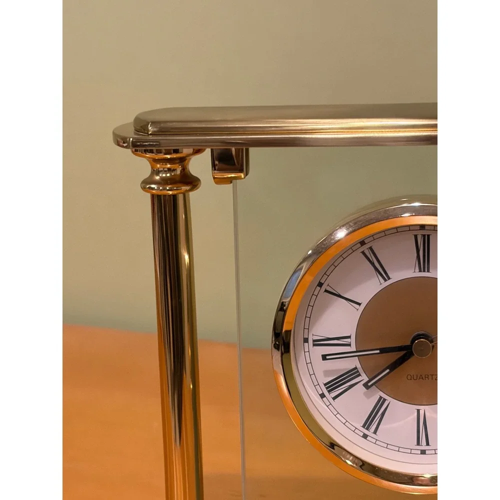 Vintage Gold Tone Floating Glass Mantel Clock Quartz Roman Numeral Desk Clock
